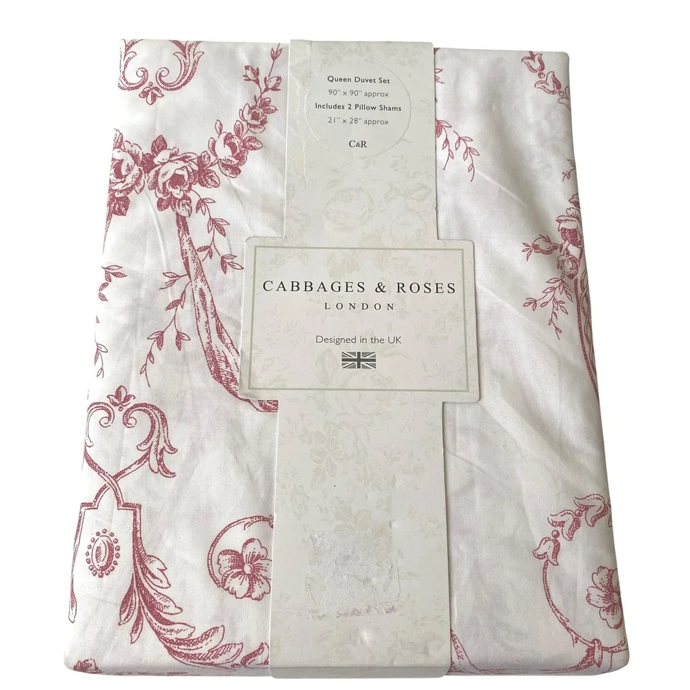 Cabbages &‎ Roses London Queen Duvet Set Floral Toile Berry Red Cotton Christmas